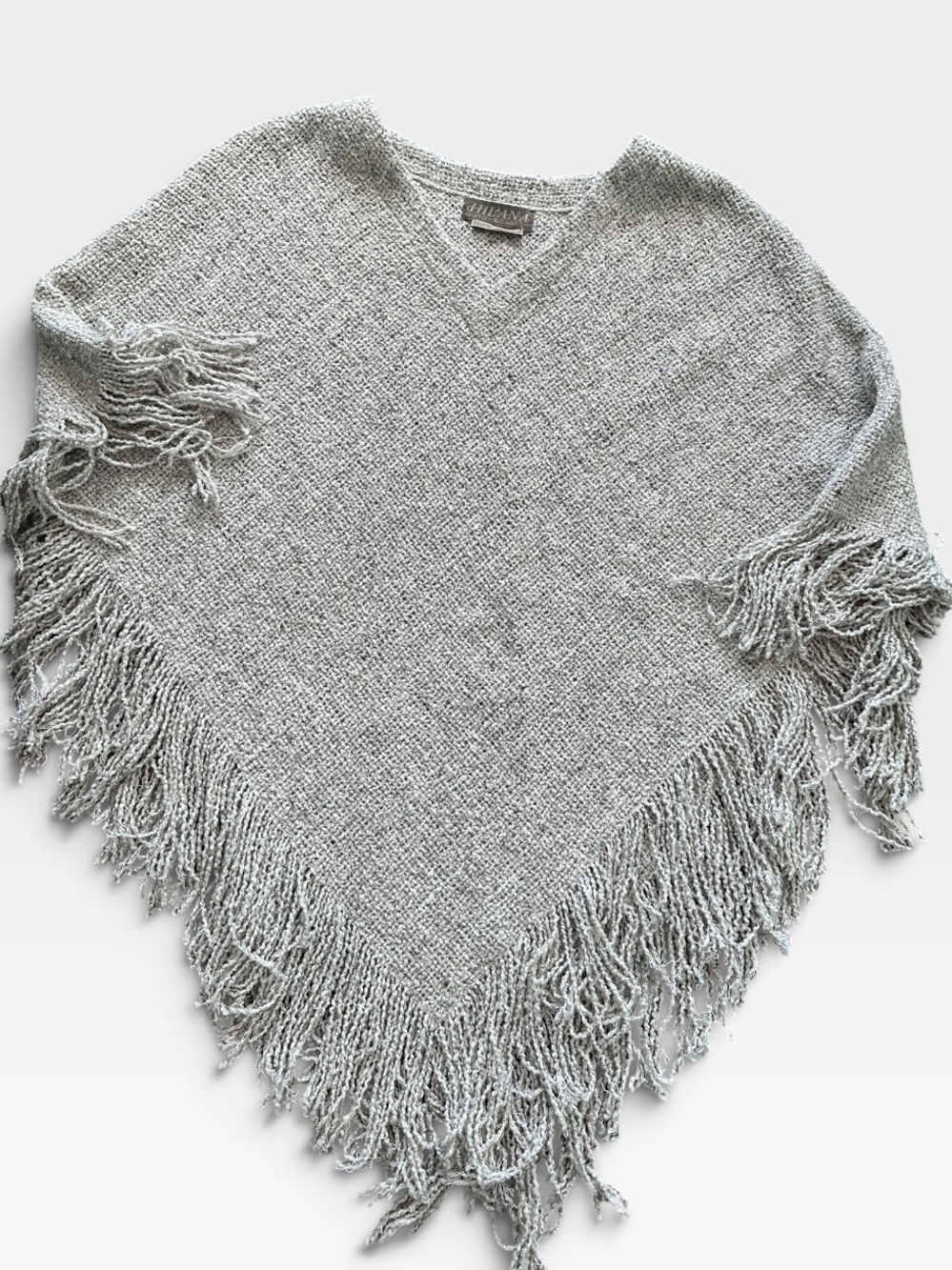 Hilana Wool and Cotton Fringed Knit Poncho - Light Gray